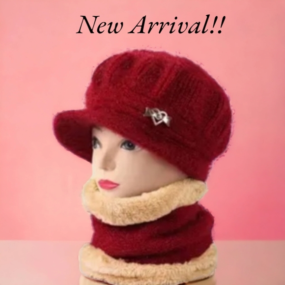 Warm 2Pc. Wool Wine Red Hat with Gold Heart Pendant with Wine Red Neck Scarf !! - Picture 3 of 11